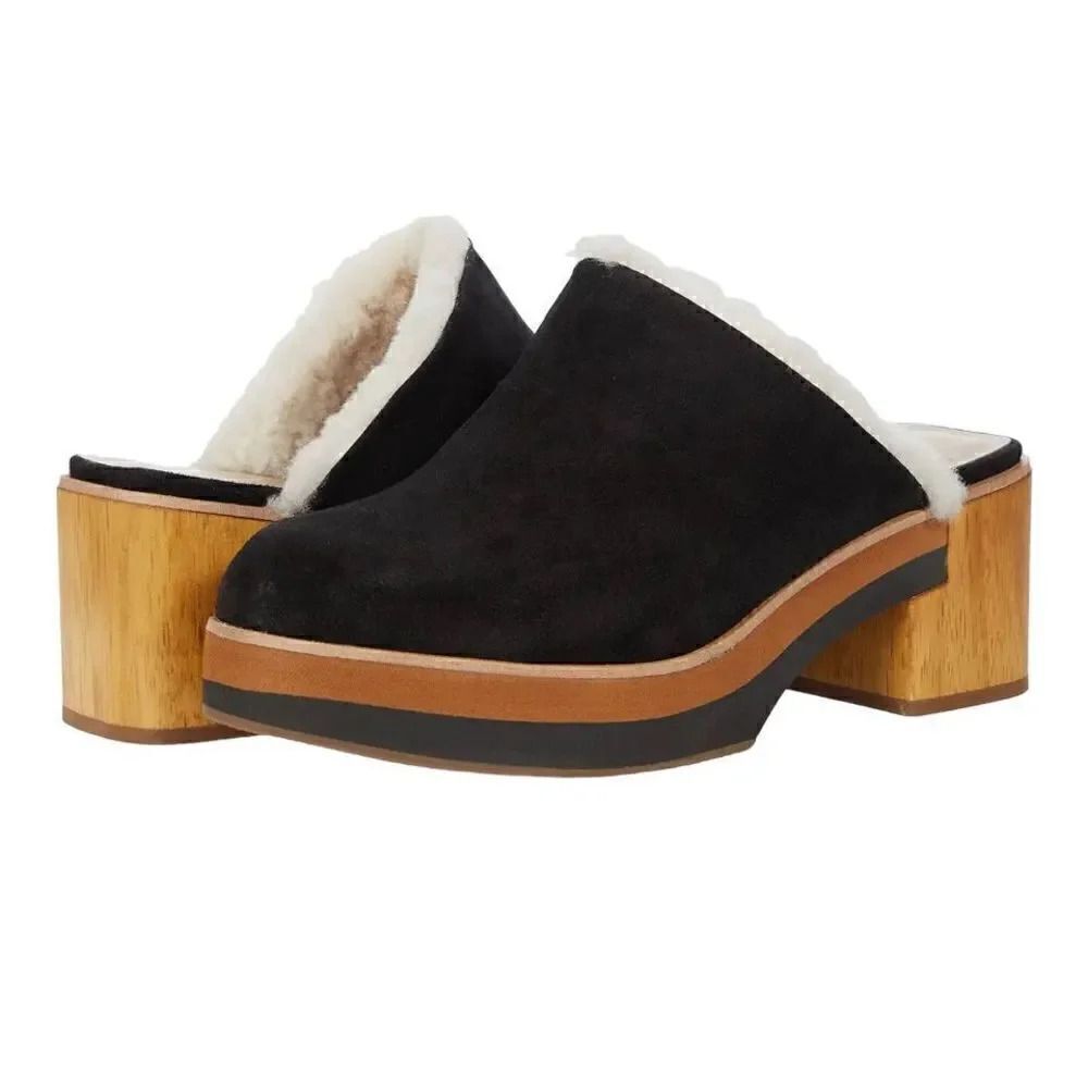 Bernardo Black Suede Shearling Clog Heels